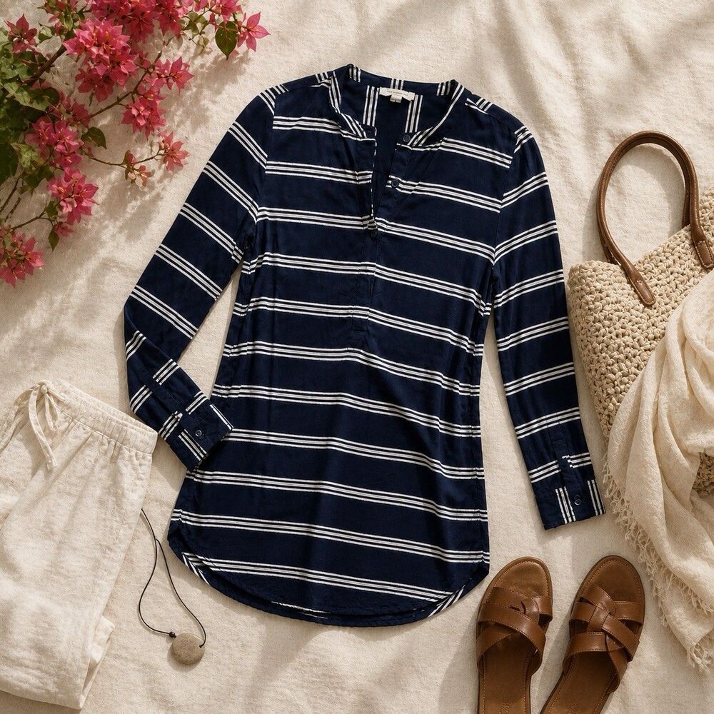 Striped Shirt Dress Coastal Old Money Cooling Fabric Tunic Mini Blue XS